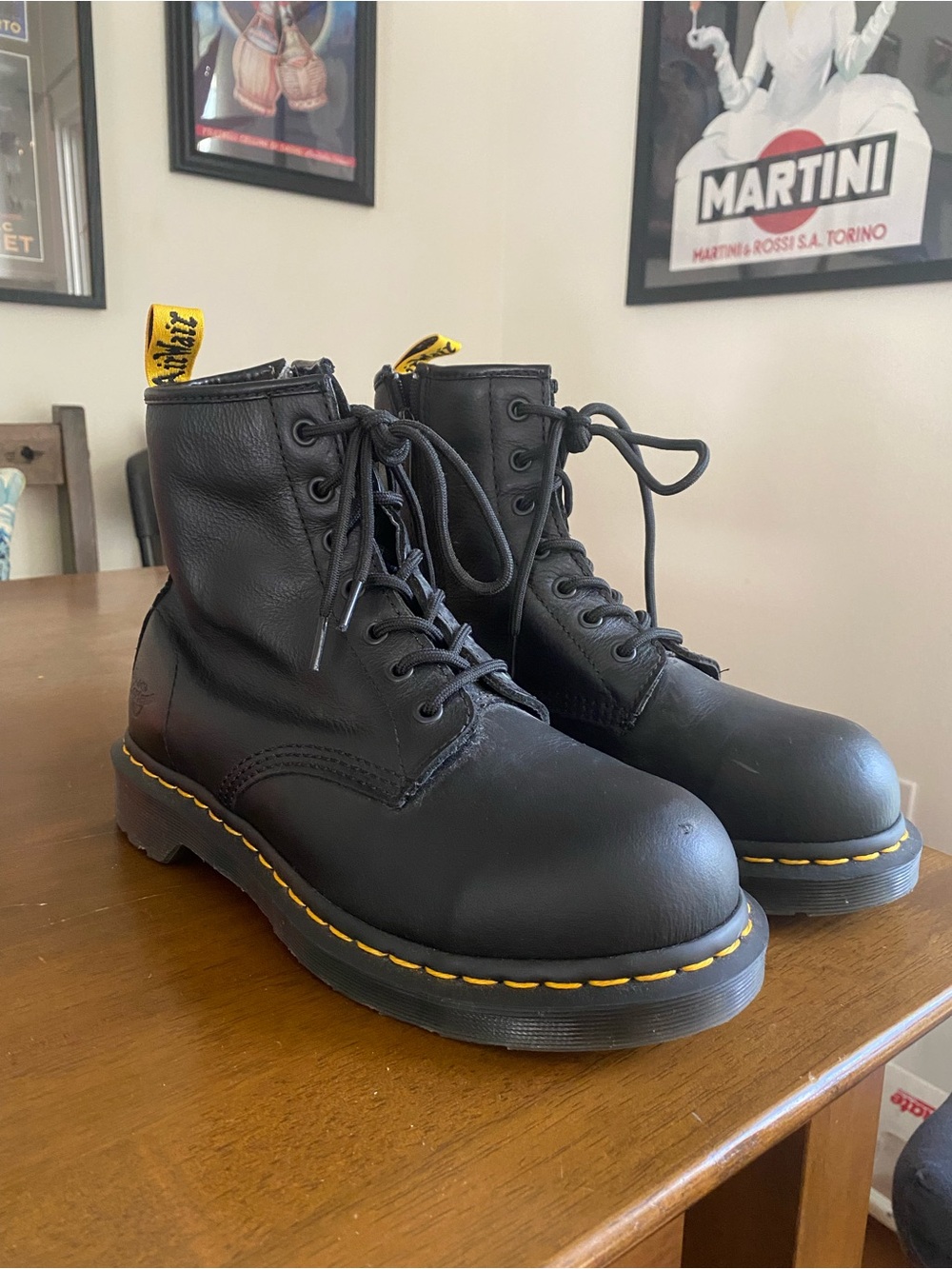 Dr. Martens Steel Toe Black Leather Lace-Up Boots with Yellow Stitching